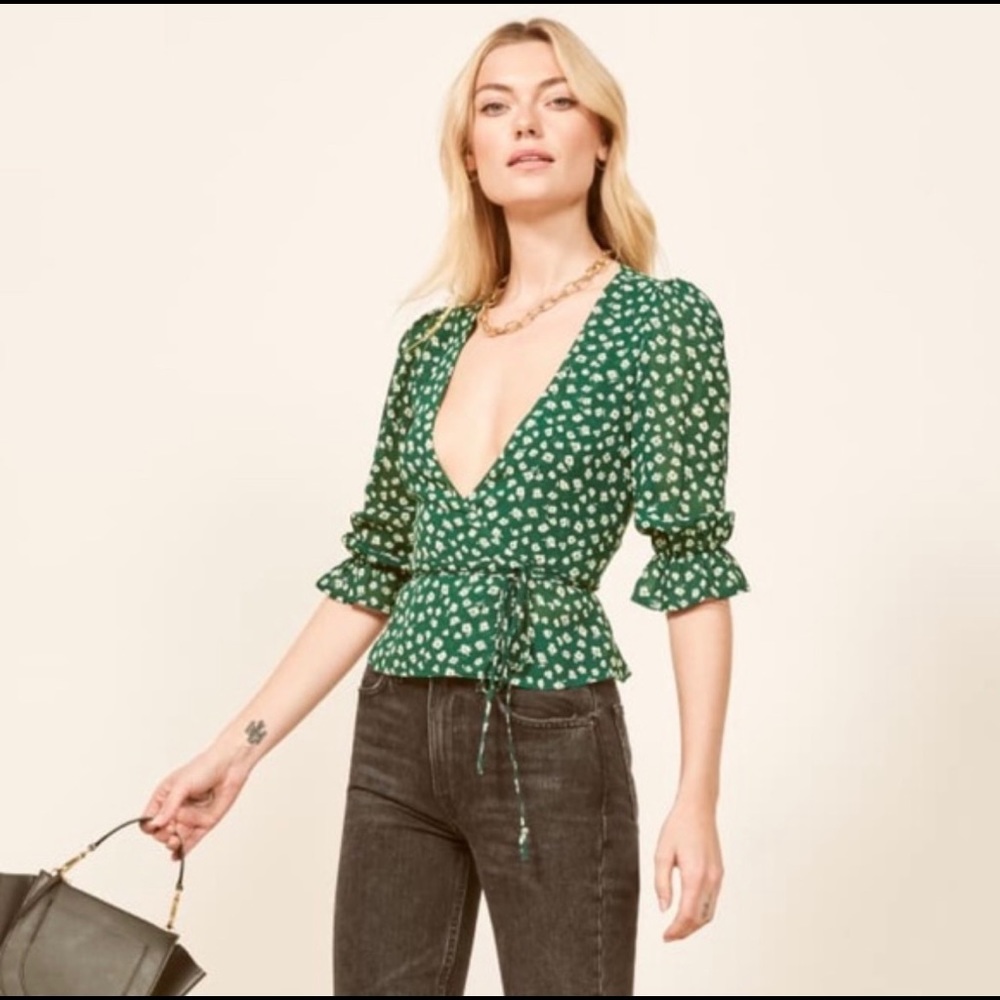 Reformation Emma Wrap Top Green Floral Medium NWOT